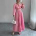 Elegant V-Neck Maxi Dress With Metallic Accents, Flowy Long Sleeve Ruffle Dress For Women, Chic A-Line Casual & Office Dress_ecoleips.com