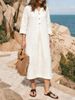 Women's Cotton Linen V Neck Button Up Dress Solid Color Three Quarter Sleeve Mid Length Spring Summer New Europe America_ecoleips.com