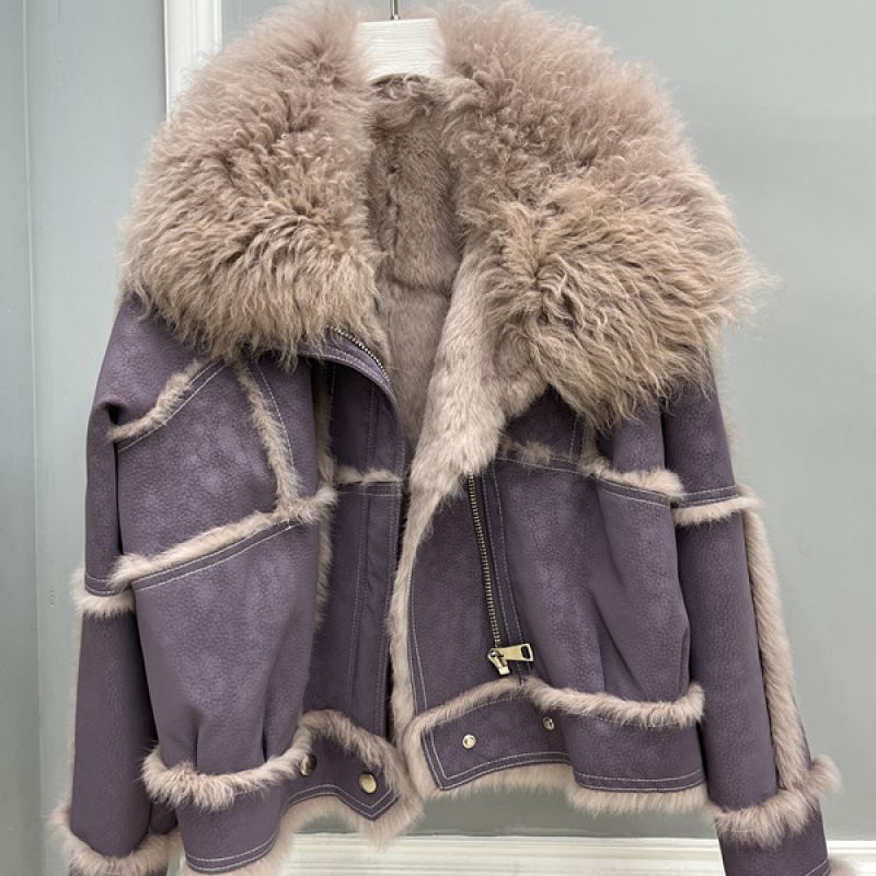 Women's Clothing Rabbit Fur Coat With Shearling Collar Slim Fit Winter Jacket Long Sleeve Elegant Office Wear (Black, Wine Red, Purple, Coffee)_ecoleips.com