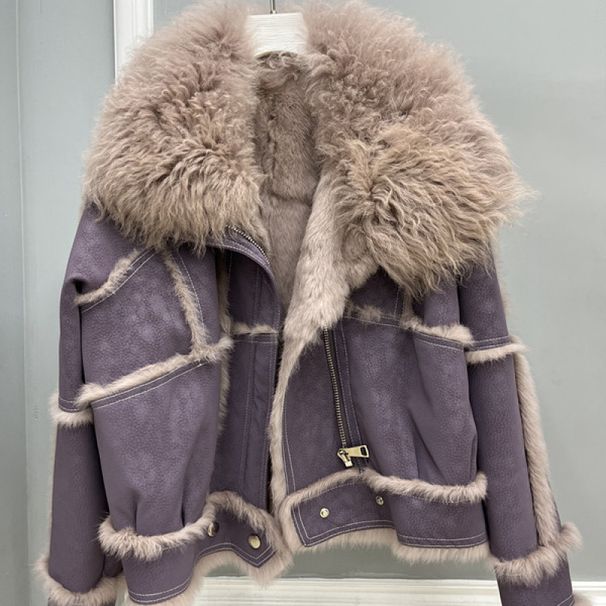 Women's Clothing Rabbit Fur Coat With Shearling Collar Slim Fit Winter Jacket Long Sleeve Elegant Office Wear (Black, Wine Red, Purple, Coffee)_ecoleips.com