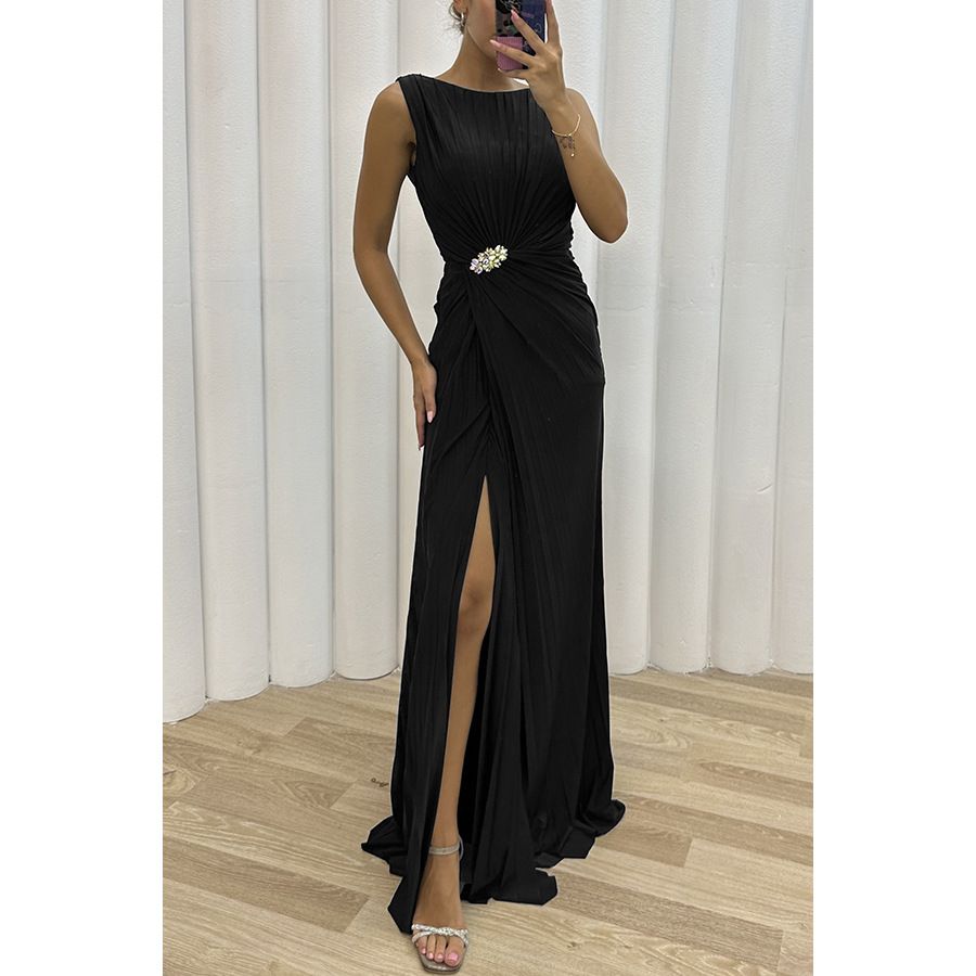 Women's Pleated Slit Casual Dress INS Sleeveless Fashion Dress Evening Dress_ecoleips.com