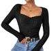 Voya Women's Fashion Casual Solid Color Polyester Square Collar Lace Long Sleeved Slim Fit T-shirt 2026 Black_ecoleips.com