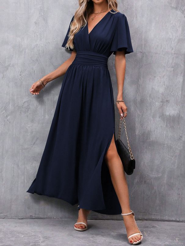 Women's Elegant High-Slit Maxi Dress with Flutter Sleeves And Smocked Back Stretchy Rayon Blend Black Caramel Navy S 2XL_ecoleips.com