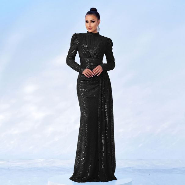 Women's Clothing Evening Dress Long Sleeve Temperament Round Neck Sexy Slim Long Sequin Banquet Bridesmaid Dress_ecoleips.com