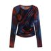 Women's New Mesh Round Neck Long Sleeve Top + Silk Printed Half Skirt Set_ecoleips.com