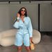 TW860 Women's Fashion Set with Lapel Solid Color Summer Casual Long Sleeved Shirt And Shorts European And American Style_ecoleips.com