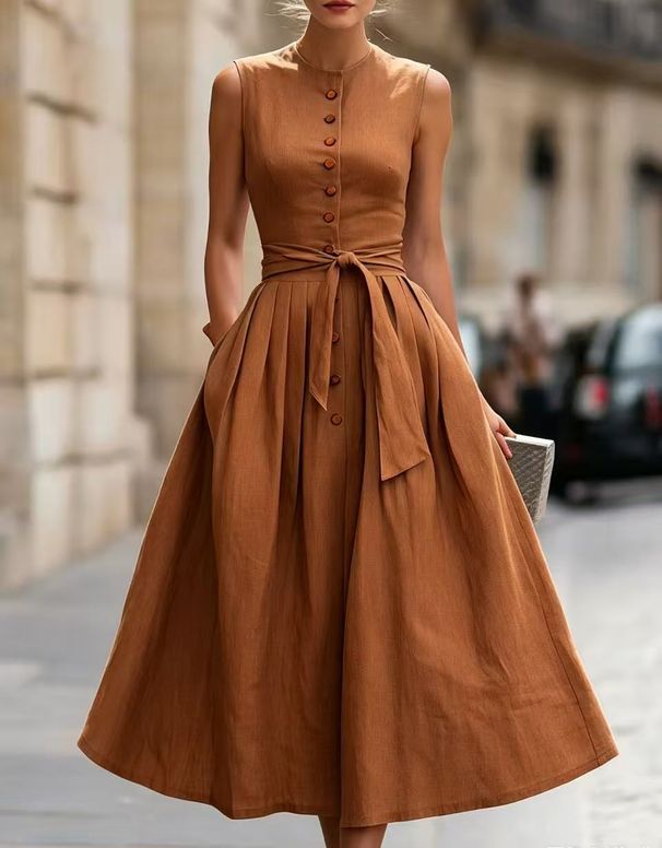 Women's Sleeveless V-Neck Linen-Like Midi Dress Elegant Minimalist Flowy Casual Summer Maxi Dress Breathable Linen-Like Fabric_ecoleips.com