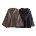 Elegant Asymmetrical Cape Knit Top – Women’s Long-Sleeve Scarf Neck Pullover, Loose Fit Boho Chic (Grey/Brown)_ecoleips.com