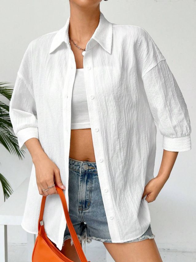 Women's Clothing Linen Solid Color Drop Shoulder Button Loose Women's Shirt Short Sleeve_ecoleips.com