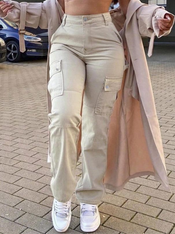 cross-border European And Casual Work For Women, Spring/summer American Retro Multi-pocket Straight Long Pants_ecoleips.com
