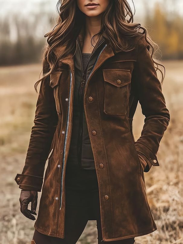 Vintage Brown Suede Jacket For Women - Long Sleeve Retro Faux Leather Coat With Lapel Collar, Gothic Style Distressed Outerwear_ecoleips.com
