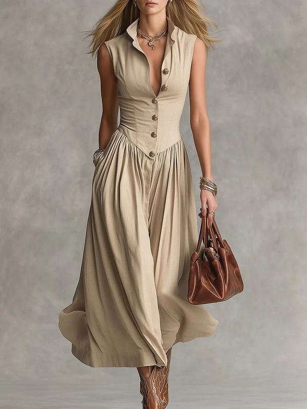 Women's Slim Fit Maxi Dress Sleeveless Notched Collar Long Dress Parisian Elegance_ecoleips.com