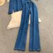 Relaxed Denim Top & Wide-Leg Pants Set | V-Neck Long Sleeve & Drawstring Waist | Comfortable Stretchy Fabric_ecoleips.com