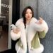 Women’s Faux Fox Fur Short Coat – Trendy Winter Jacket With 3D Embroidery, V-Neck & Plush Collar (M-XL, Beige/Green/Khaki/Pink)_ecoleips.com