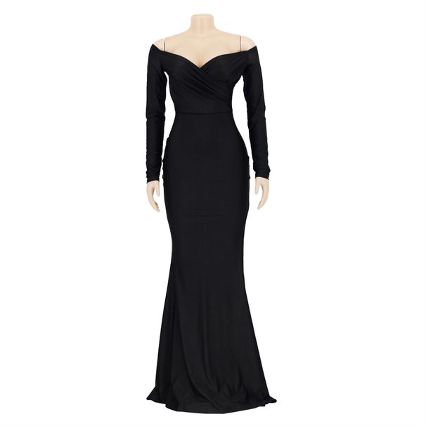 K Women's Sexy Dress, Party Dress, V-neck, Formal Gown, Solid Color, Wide Slit, Long Dress, Long Sleeves_ecoleips.com