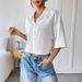 Women's Clothing White Short Sleeve Crop Top Shirt Casual Button Down Blouse_ecoleips.com