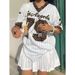 Women's Clothing Sports Style Hot American Retro Jersey Loose Street V Neck Striped Short Sleeved T Shirt Top_ecoleips.com