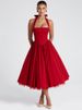 Mozision Halter Backless A-line Club Midi Dress Women Fashion Elegant Square Collar Sleeveless High Waist Party Pleated Dress_ecoleips.com