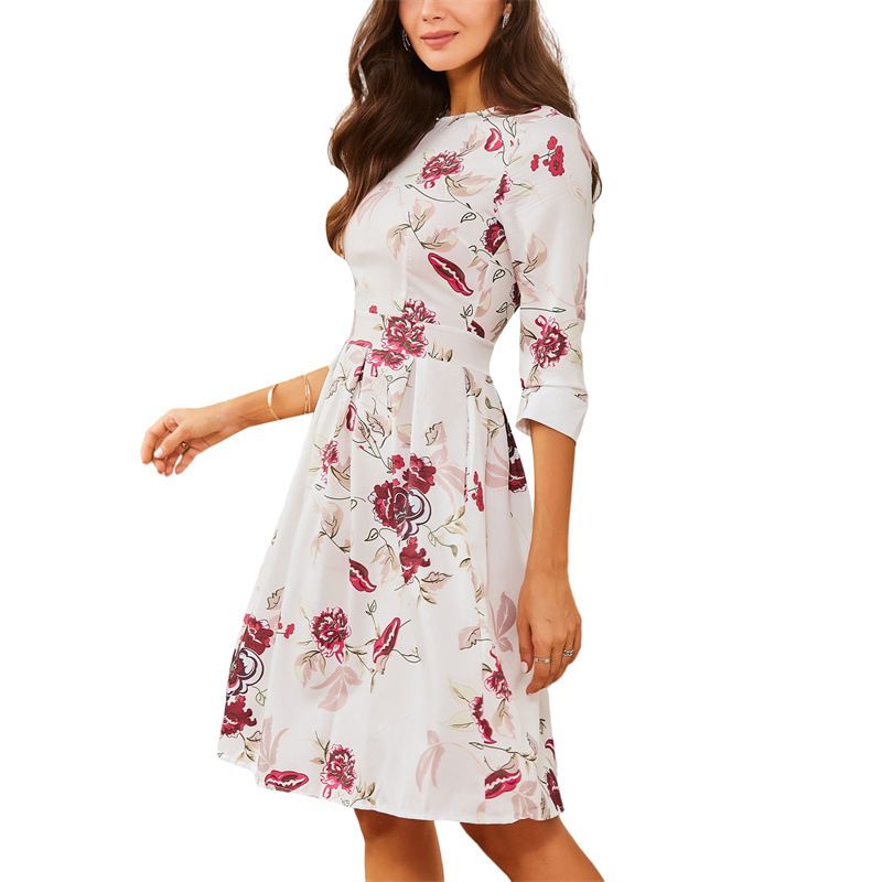 Women's Clothing Women's A- Line Skirt Vintage Printed Seven Sleeve Round Neck Dress Princess Skirt_ecoleips.com