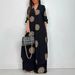 Women's Clothing Middle Loose Long Printed Robe Top Wide Leg Pants Two Piece Set_ecoleips.com