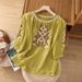 Bohemian Embroidered Linen Top – Loose-Fit 3/4 Sleeve Round Neck Blouse (Navy/White/Yellow/Grey/Beige, Plus Sizes)_ecoleips.com