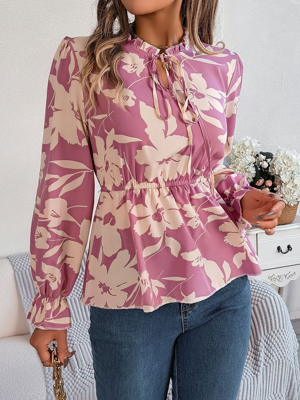 Real Shot Of The New 2026 Spring-summer Casual Floral Lace-up Long-sleeve Chiffon Blouse, Cross-border Women's_ecoleips.com