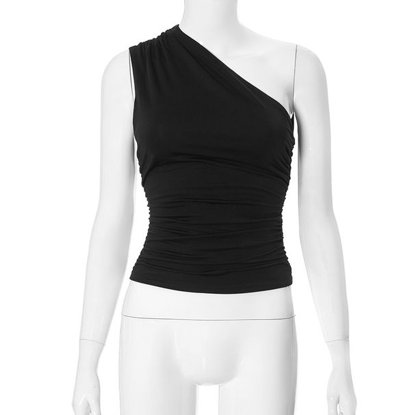 Women's Clothing New Solid Color One Shoulder Backless Pleated Vest Top T Shirt Female_ecoleips.com