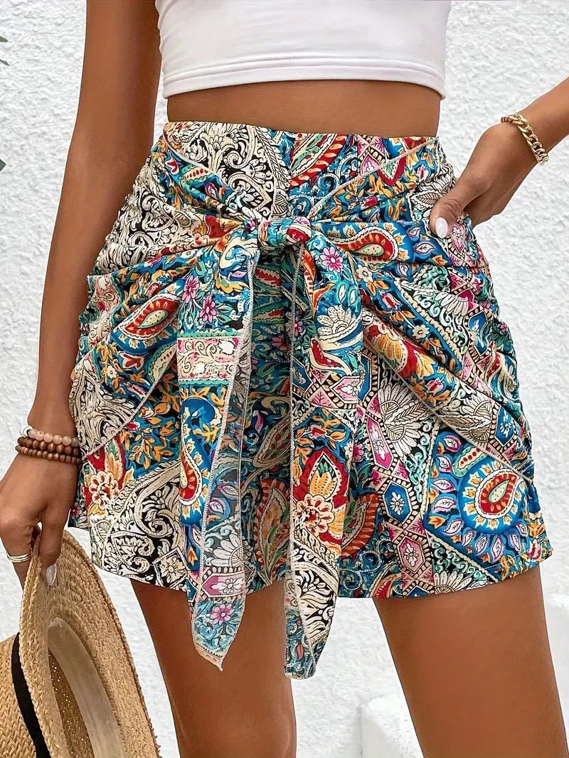 Women's Clothing Printed High Waist Shorts, Bohemian Style Front Knot Shorts_ecoleips.com