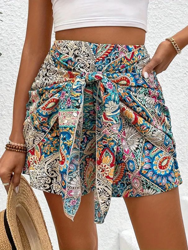 Women's Clothing Printed High Waist Shorts, Bohemian Style Front Knot Shorts_ecoleips.com