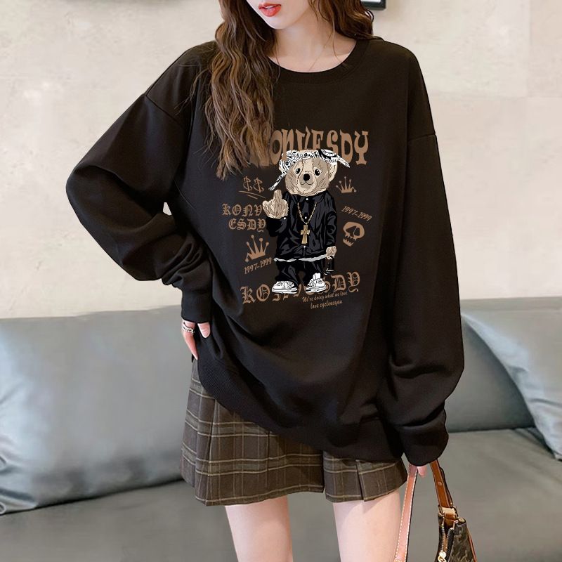 European Style Women's Thick Crew Neck Sweatshirt Fleece Lined Loose Fit Petite for Spring Autumn Winter 2023 Hot Selling_ecoleips.com