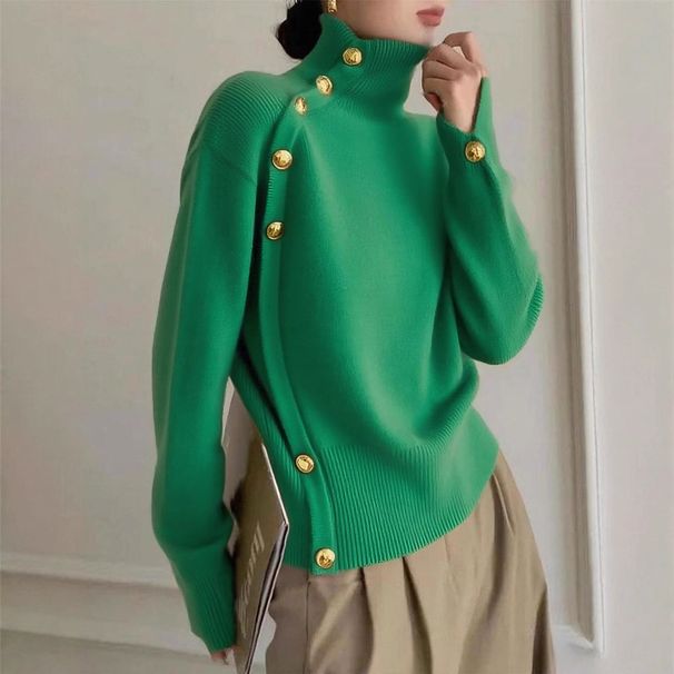 Women's Clothing Autumn Winter Decorative Button High Neck Sweater - Soft Acrylic Blend, Loose Fit, Long Sleeve, Casual Elegant Style (Black/Red)_ecoleips.com