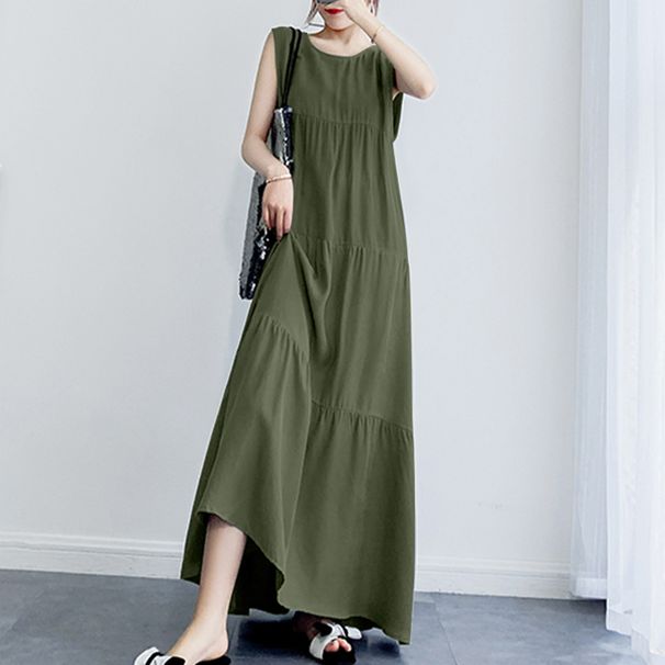 ZANZEA 2024 Stylish Women's Tiered Sundress Solid Summer Dress Casual Sleeveless Maxi Vestidos Female O Neck Robe Oversized_ecoleips.com