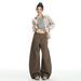 Aria Basics Autumn New American Retro Deconstructed Silhouette Scimitar Cargo Pants Women's Coffee Color Long Jeans_ecoleips.com