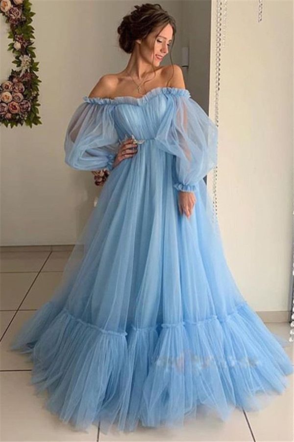 One-Shoulder Mesh Wedding Dress – Elegant Long Sleeve Gown With Full Skirt (Pink/Yellow/Blue, S-XXL)_ecoleips.com