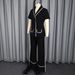 Women's Contrast Collar Short-Sleeve Top & Wide-Leg Pants Set – Breathable Poly-Spandex Office To Lounge Outfit (S-XXL, Black, Stitched Pockets)_ecoleips.com