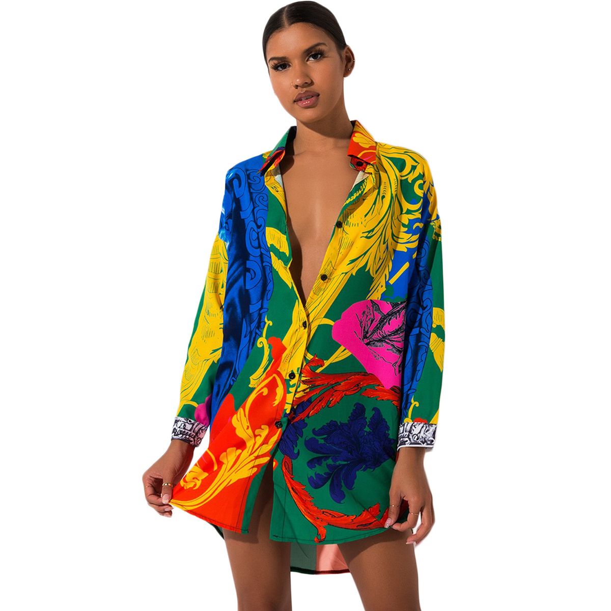Women's Clothing Long Sleeved Printed Shirt Mid-Length Loose Bohemian Casual Style Irregular Hem Thin Dress For Summer_ecoleips.com