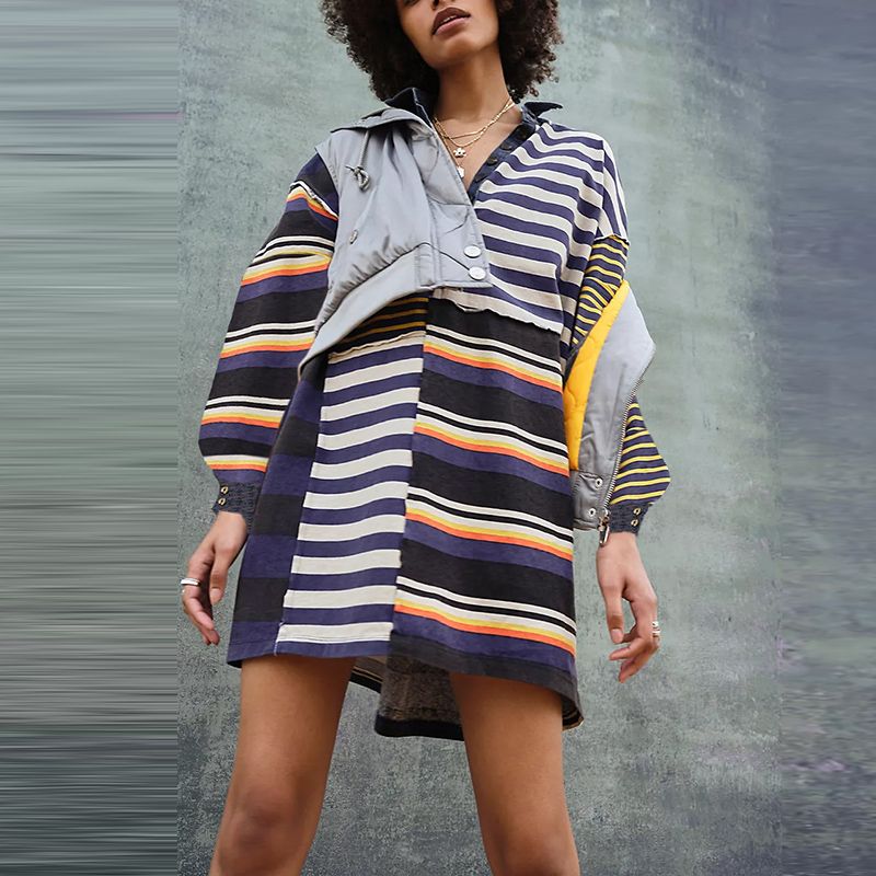 Casual High Street Button Short Dresses Vintage Striped Printed Summer Dress New Women's Lapel Half Sleeved Loose Dress Vestidos_ecoleips.com