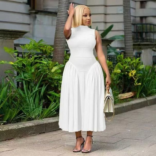 Summer New Cross-Border European And American Style Stand Collar Elegant Pleated Patchwork Waist-Cinching Long Dress_ecoleips.com