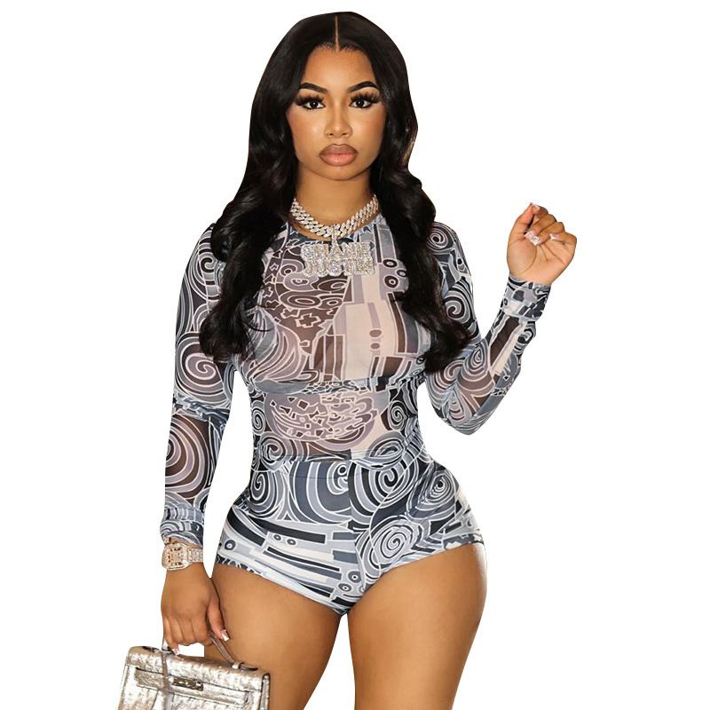 Women's Fashionable Mesh Pattern Printed Floral Shorts Set Long Sleeved Sexy Clothing_ecoleips.com