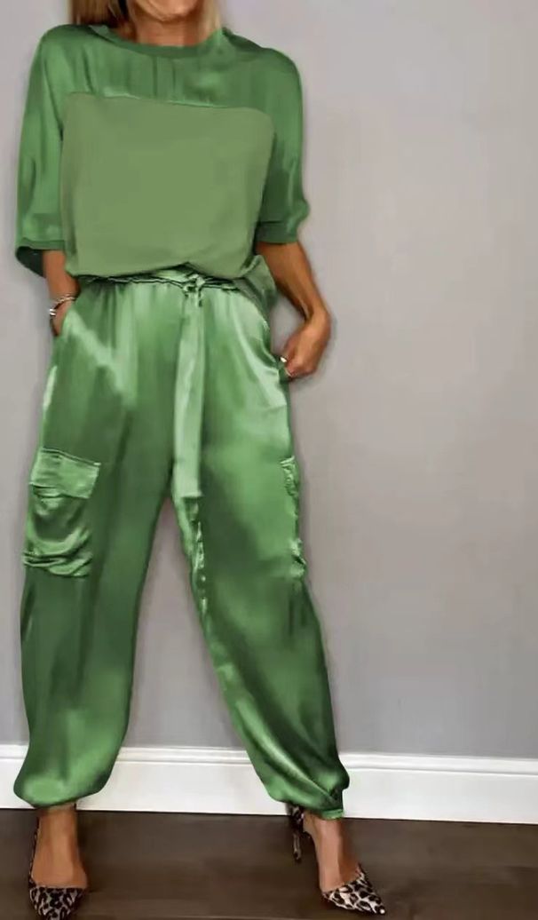 Women's Solid Color Satin Smooth Top Two Piece Set Three Quarter Sleeve Autumn Spring Collection_ecoleips.com