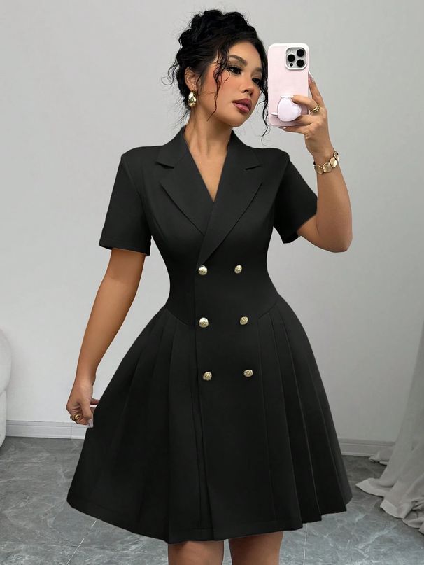 Women's Summer Solid Color Short Sleeve Belted Double Breasted Dress - V-Neck, Midi Length, Workwear & Casual Elegance_ecoleips.com