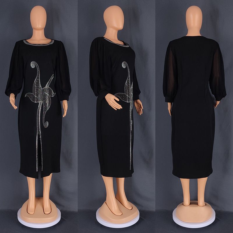Women's Clothing Heavy Industry Hot Diamond Sexy Round Neck Mesh Sleeve Dress Slim Hip Skirt_ecoleips.com