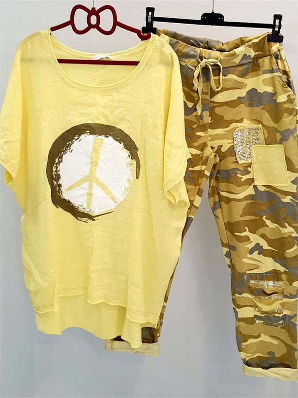 Women’s Clothing New Printed Round Neck Short Sleeve T shirt Pants Western Style Two piece Suit_ecoleips.com