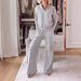 Women's Clothing New Casual V Neck Long Sleeved Loose Top Wide Leg Pants Two Piece Set_ecoleips.com