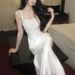 Lace Square Neck Fishtail Dress Women's Slimming A-Line Double Version Elegant Attractive_ecoleips.com