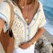 Spring/Summer Women's Elegant Collar Versatile Fashion Casual Top Drop Shoulder Hollow out Color plus Size Knit Short Sleeve Sweater_ecoleips.com