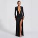 Solid Color Sexy V Neck Long Sleeve High Slit Dress Elegant Party Evening Bodycon Dress For Women Daily Wear And Formal Occasion_ecoleips.com