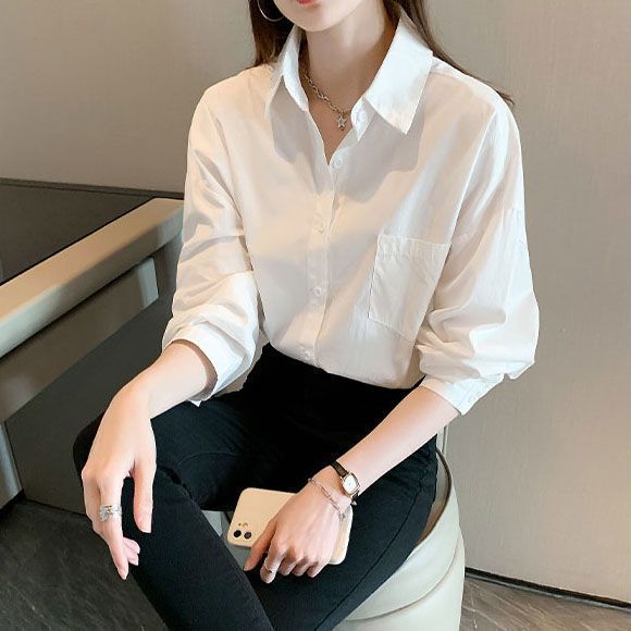 Pure White Oversized Shirt – Long-Sleeve Polo Collar Top For JK Fashion & Sun Protection (S-XXL, Wrinkle-Free Polyester)_ecoleips.com