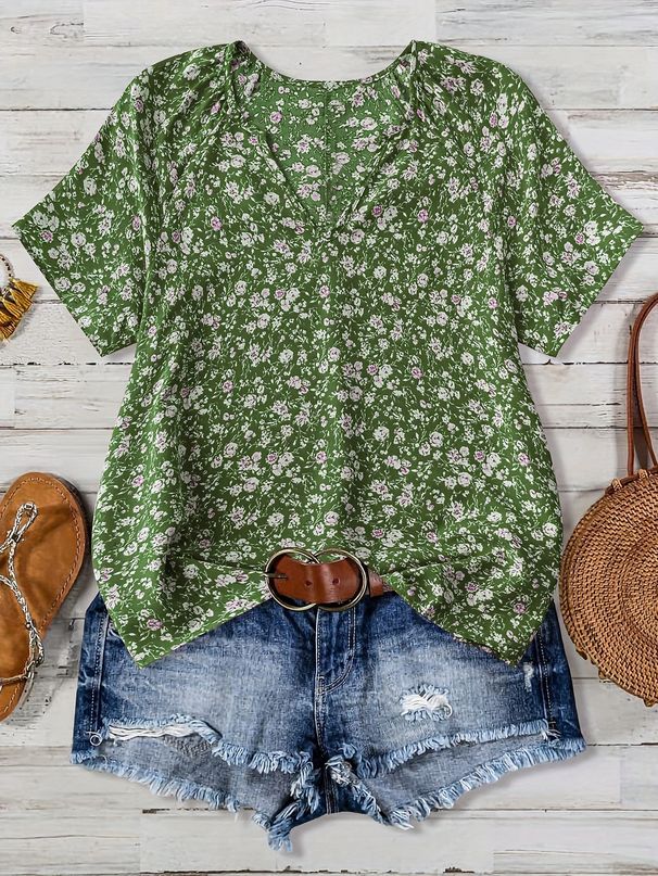 European And American Style Women's V Neck Short Sleeve Top Green Floral Casual Loose Fit Comfortable Summer Wear_ecoleips.com