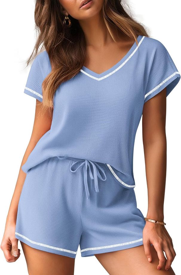 Women's Clothing Waffle Short Sleeved Shorts Casual Suit V Neck Top Shorts Home Clothes_ecoleips.com